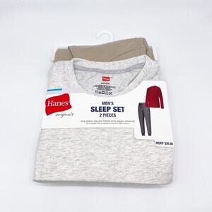 Hanes Originals Men's 2pc Soft French Terry Joggers Pajama Set Gray Brown Small